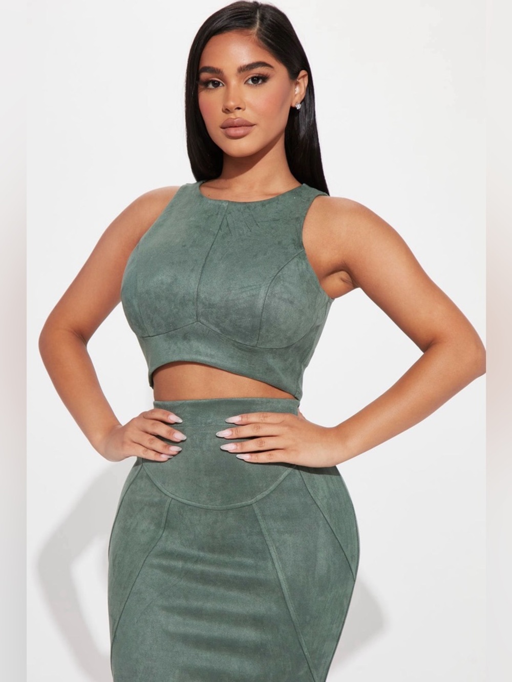 Fashion Nova Green Suede-Texture Crop Tank & Skirt Set